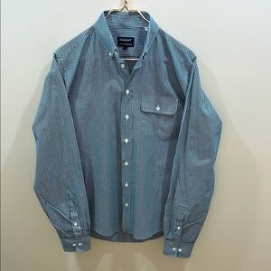 Michael Bastian For Gant Men’s Navy and Green Checkered Button Down Shirt. Large